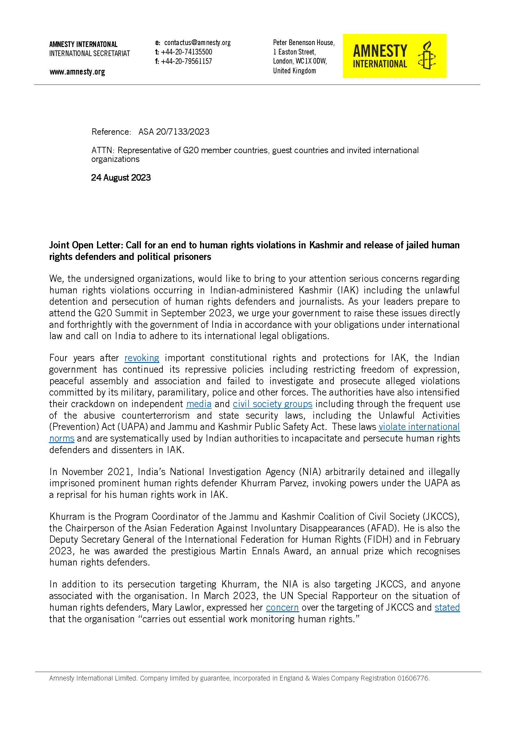 India: Joint Open Letter to call for an end to human rights violations ...